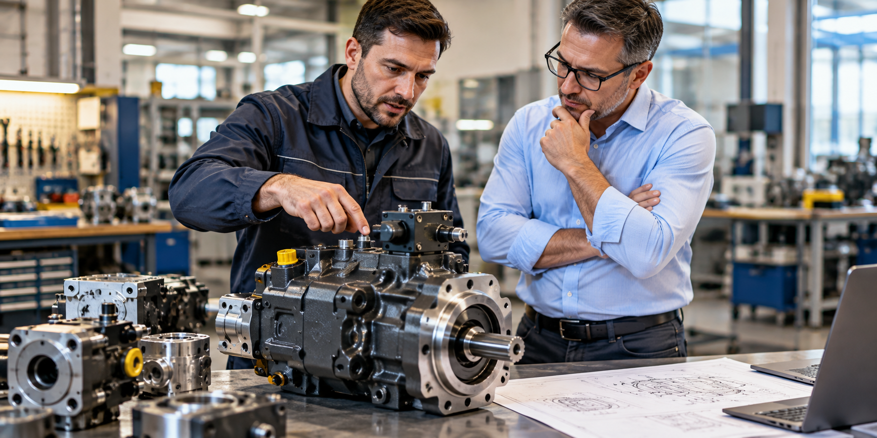 Tecnico e responsabile commerciale durante valutazione di una pompa idraulica