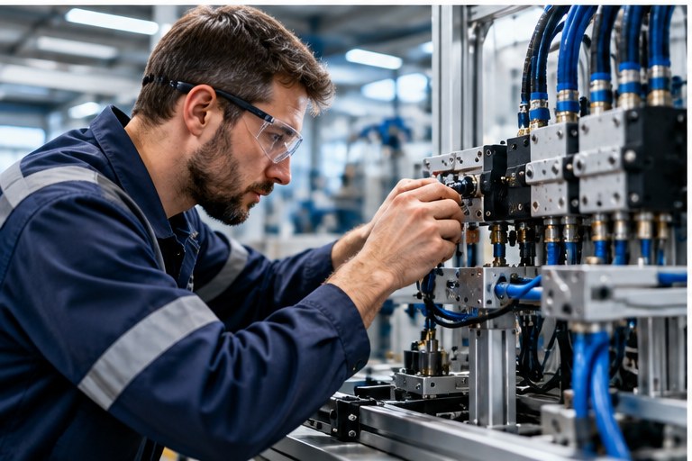 Tecnico durante valutazione di una centralina oleodinamica