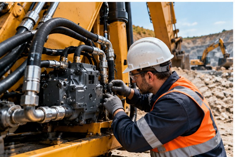 Tecnico durante la manutenzione del circuito idraulico di una macchina mobile